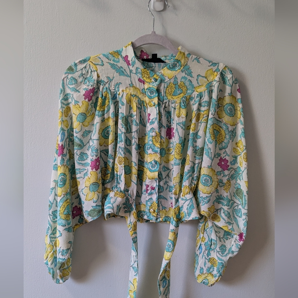 Rachel Rachel Roy Women's Blue and Yellow Crop Blouse with Bib Collar,size s